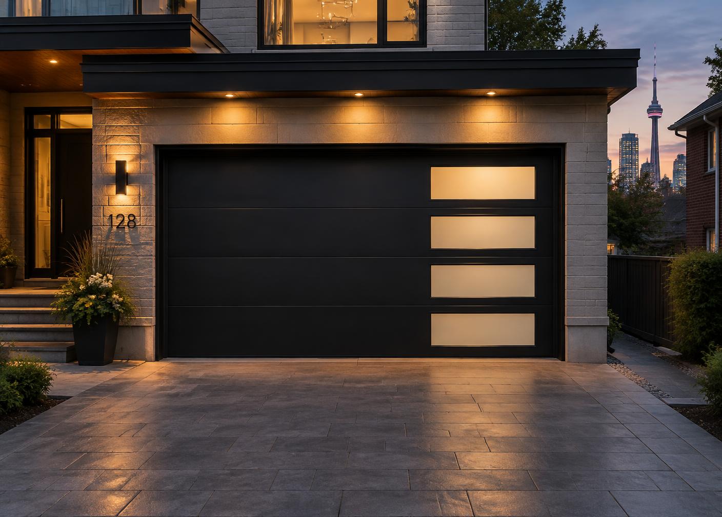 Modern black garage door with frosted windows